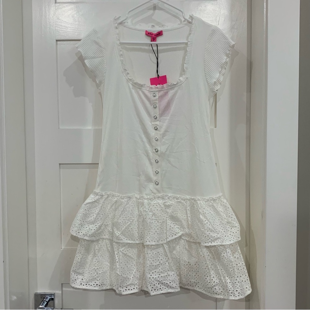 betsey johnson mixed media knit rib eyelet dress white